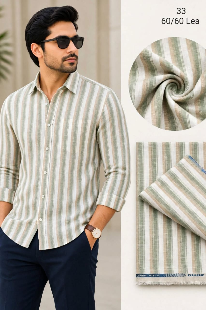 Sage Green Beige And Off White Bold Striped Linen  Shirt Fabric 60 By 60 LEA 