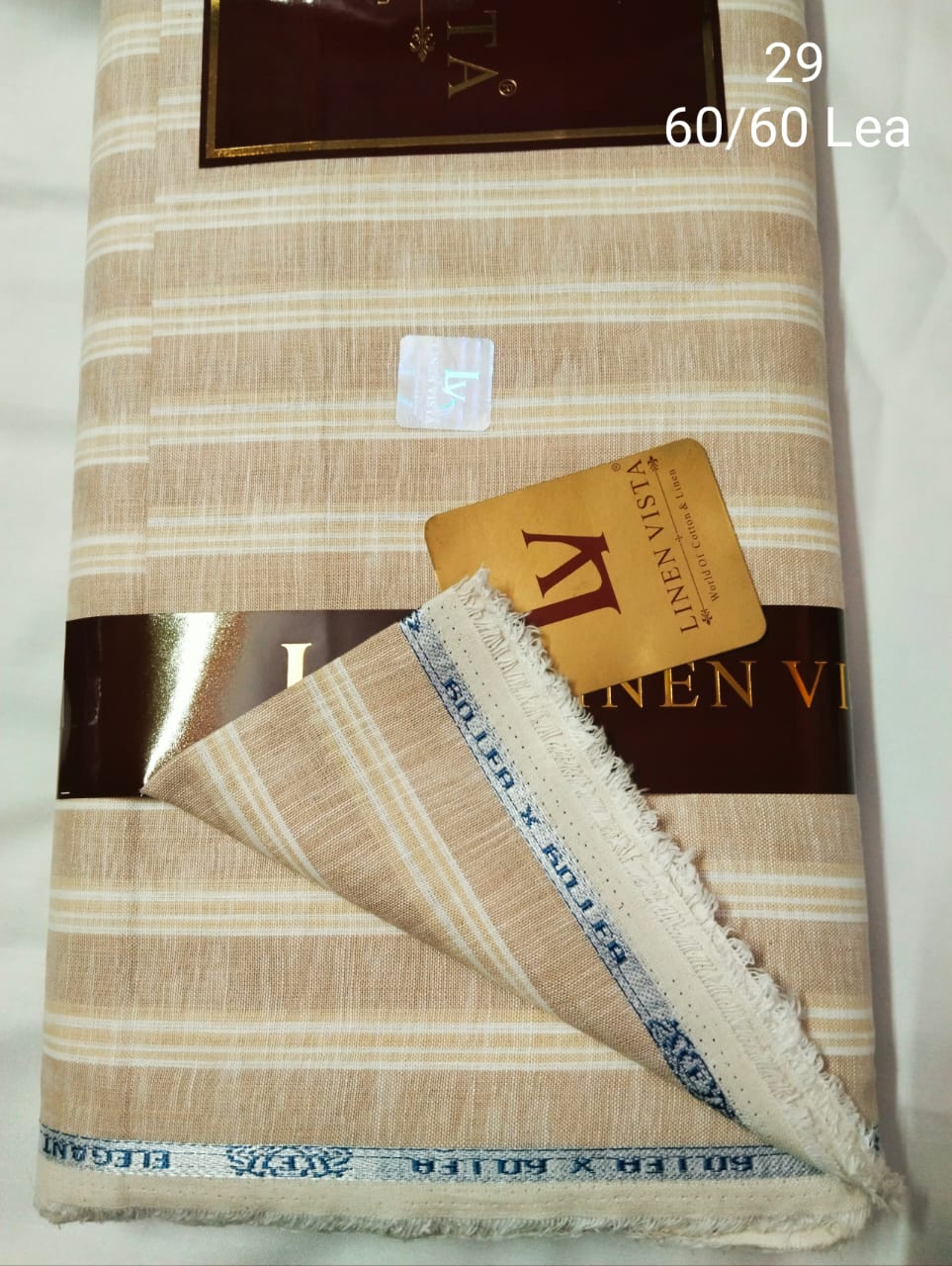  Beige Cream With White And Yellow Striped Linen  Shirt Fabric 60 By 60 LEA