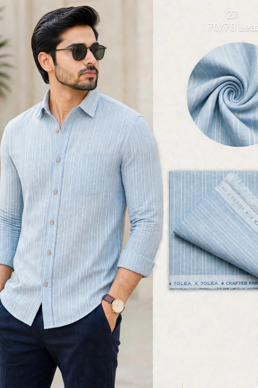Light Powder Blue With White Pin Stripe Linen Vista Shirt Fabric 70 By 70 LEA 