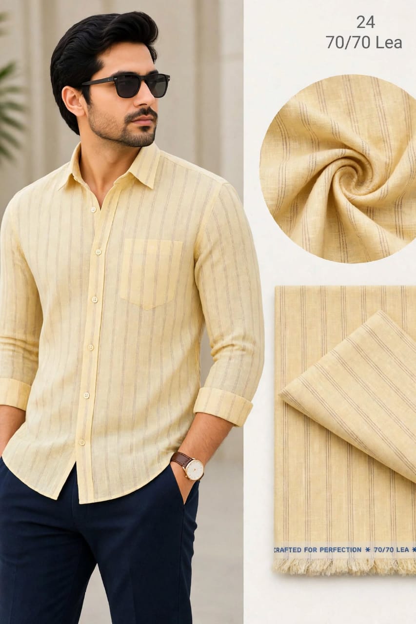 Light Lemon Yellow With Brown Pin Stripe Royal Linen Shirt Fabric 70 By 70 LEA 