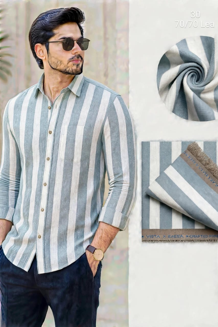 Powder Grey Blue And Off White Bold Striped Linen Shirt Fabric 70 By 70 LEA