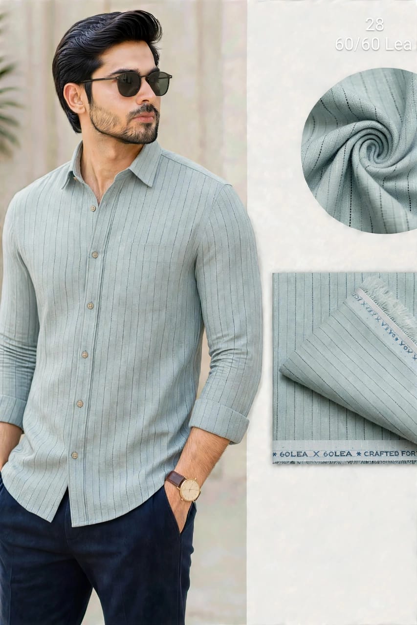 Light Pista Green With Black Pin Stripe Linen Vista Shirt Fabric 60 By 60 LEA  