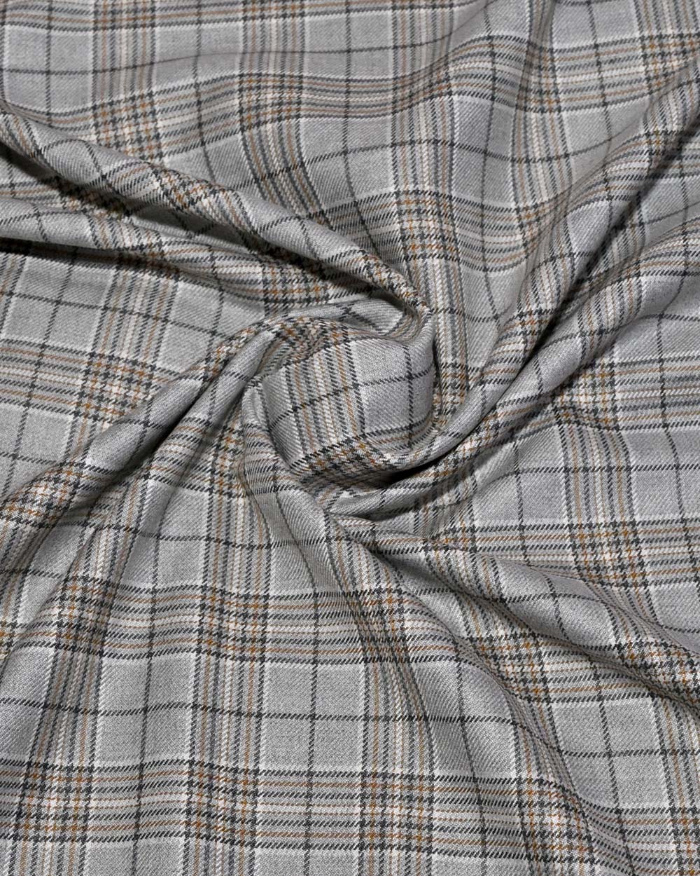 Grey Check Tweed Blazer Fabric With Brown Accent